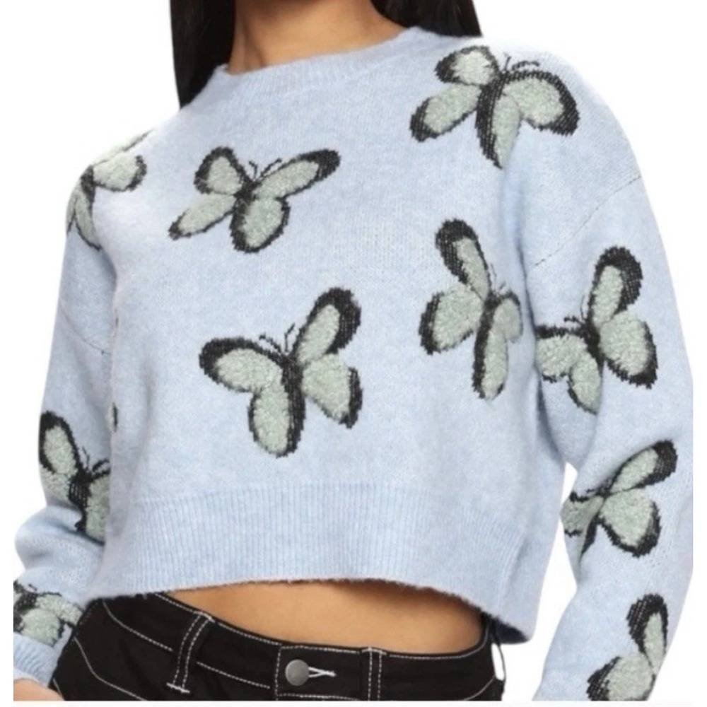 Luna Ivy Blue Butterfly Cropped Sweater Long Sleeve Womens Size Small S Y2K art